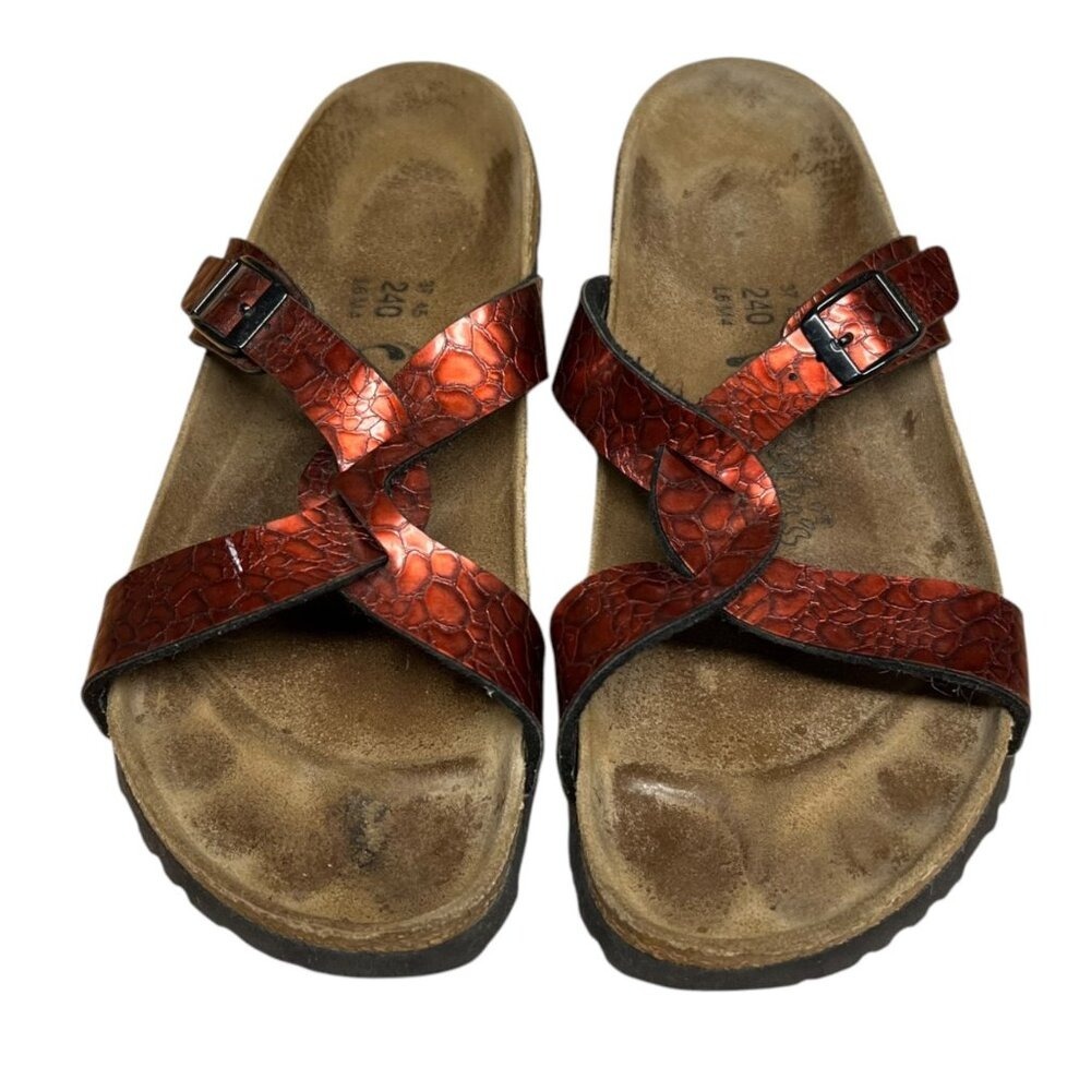 Birkenstock‎ Red Snakeskin Embossed Leather Sandals Buckle Strappy 6 - Picture 2 of 6